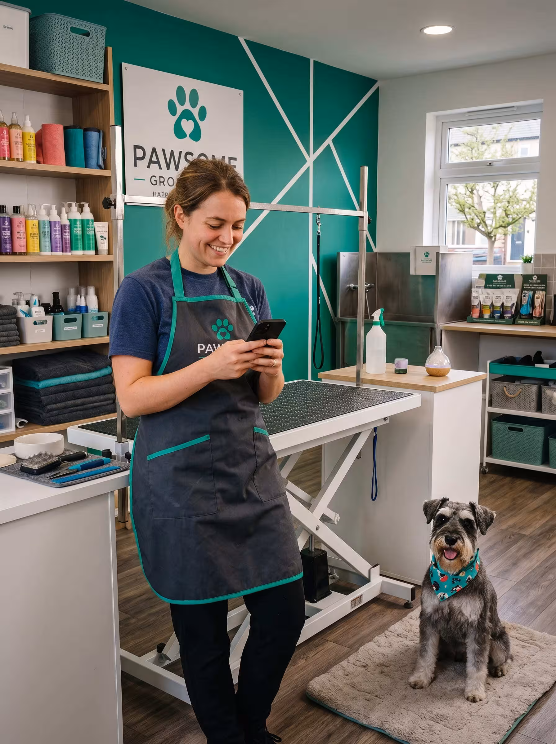 Happy pet groomer using NexPetCare